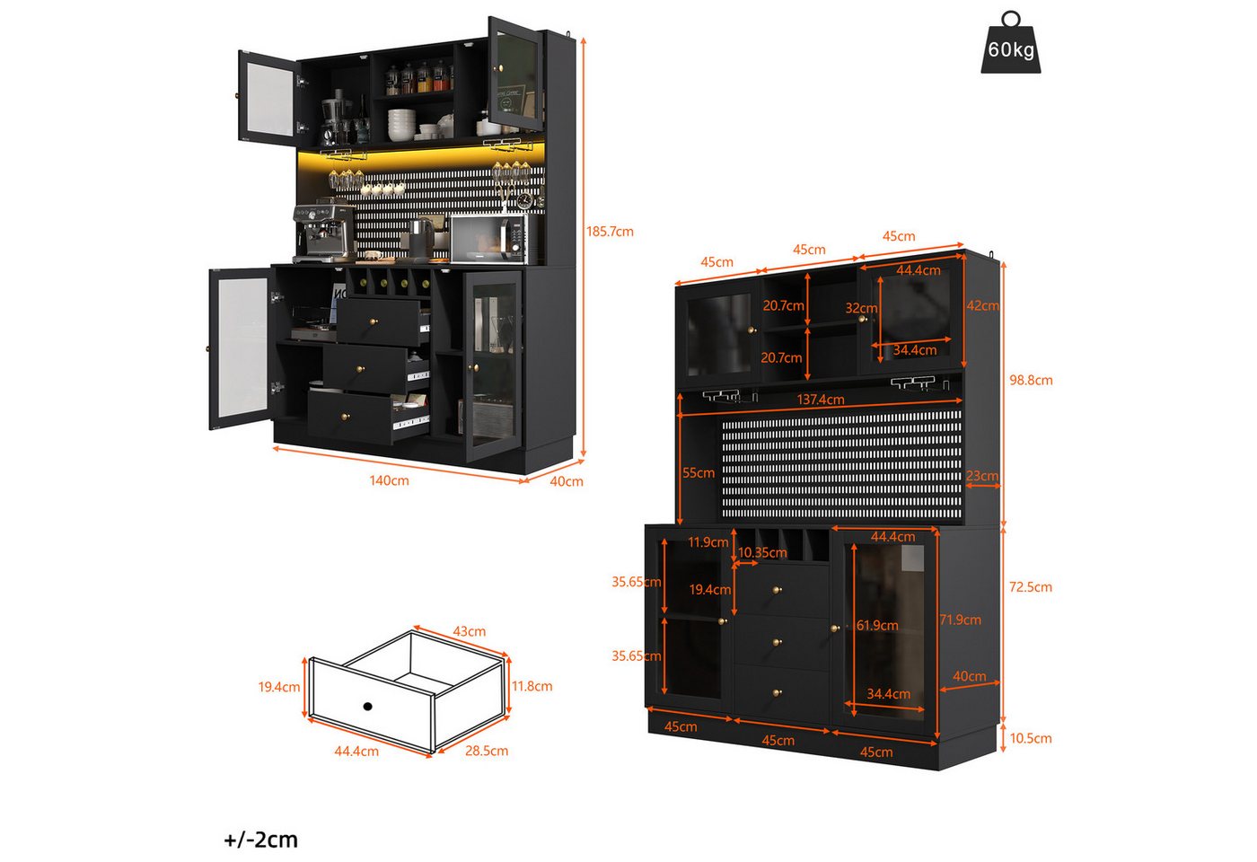 Flieks Küchenbuffet mit LED-Beleuchtung, Lochwand, Glastüren und Gläserhalter (1-St., 140x40x185,7 cm) Hochschrank Küchenschrank Geschirrschrank mit Arbeitsplat – Bild 5 von 5