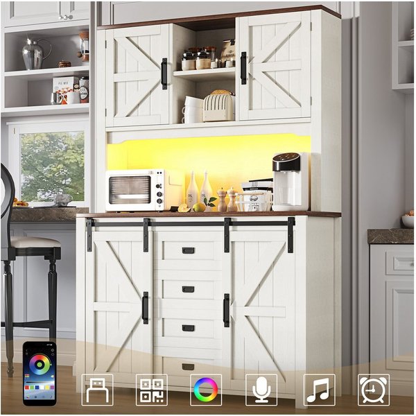 Flieks Küchenbuffet mit LED-Beleuchtung, 2 Schubladen und Schiebetüren (115×40×174,7 cm, 1-St) Hoschschrank Küchenschrank Buffetschrank mit verstellbare Ablagen
