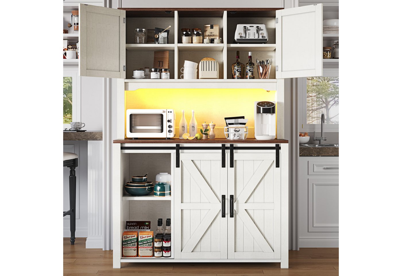 Flieks Küchenbuffet mit LED-Beleuchtung, 2 Schubladen und Schiebetüren (115×40×174,7 cm, 1-St) Hoschschrank Küchenschrank Buffetschrank mit verstellbare Ablagen – Bild 2 von 5