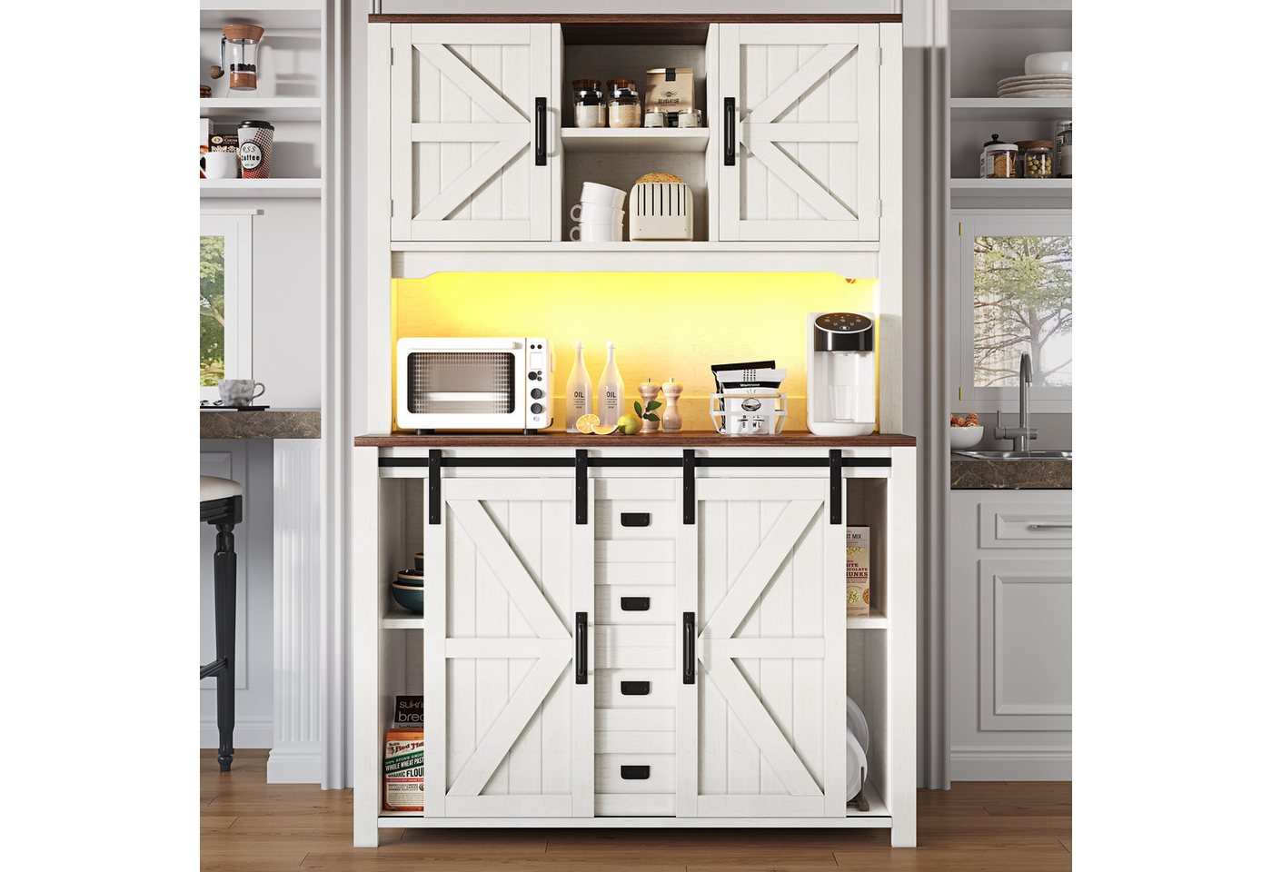 Flieks Küchenbuffet mit LED-Beleuchtung, 2 Schubladen und Schiebetüren (115×40×174,7 cm, 1-St) Hoschschrank Küchenschrank Buffetschrank mit verstellbare Ablagen – Bild 3 von 5
