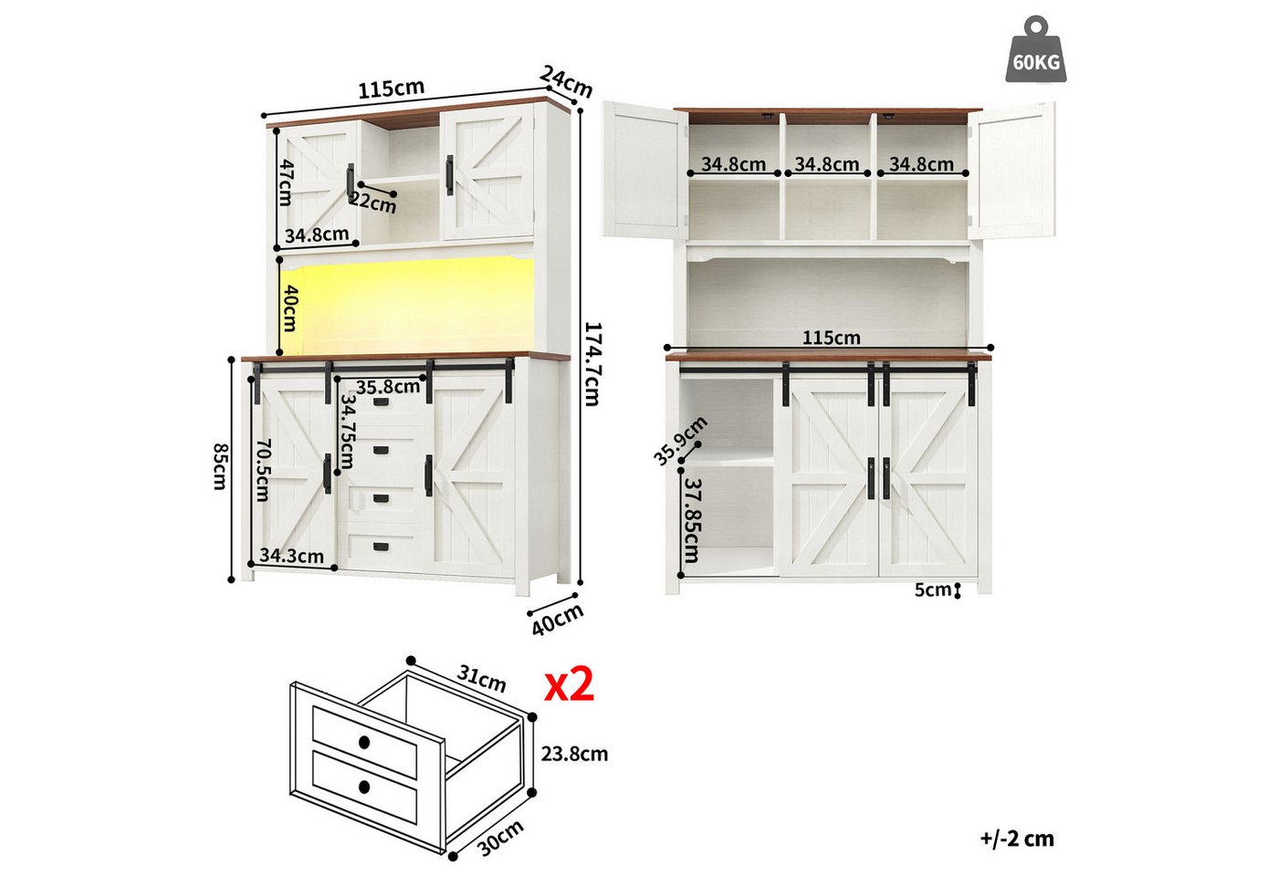Flieks Küchenbuffet mit LED-Beleuchtung, 2 Schubladen und Schiebetüren (115×40×174,7 cm, 1-St) Hoschschrank Küchenschrank Buffetschrank mit verstellbare Ablagen – Bild 5 von 5
