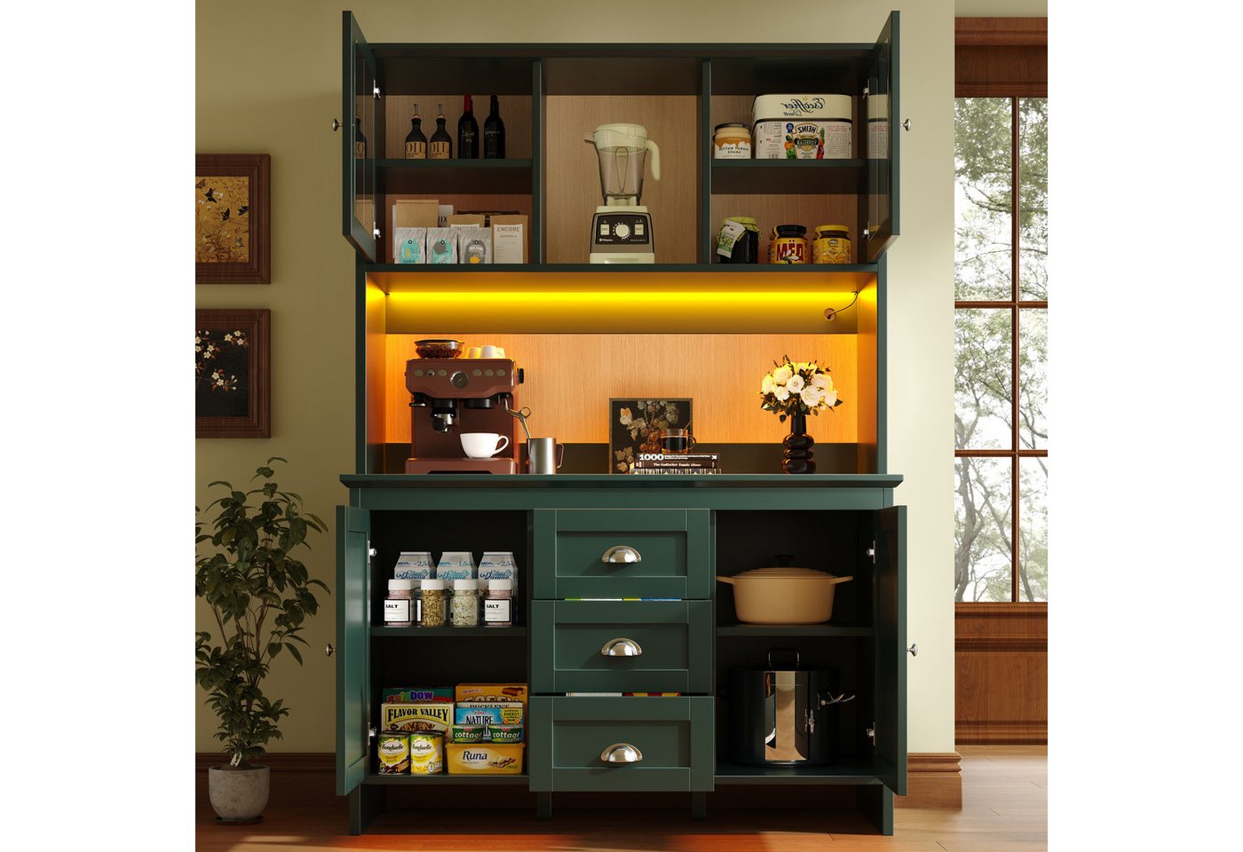 Flieks Küchenbuffet mit LED-Beleuchtung, Schubladen und Glastüren in Retro-Stil (1-St., B120/T40/H179 cm) Hochschrank Küchenschrank Geschirrschrank mit verstell – Bild 2 von 5