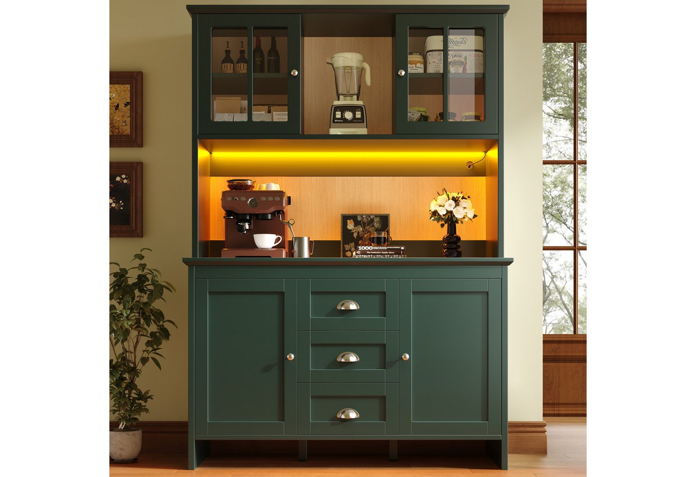 Flieks Küchenbuffet mit LED-Beleuchtung, Schubladen und Glastüren in Retro-Stil (1-St., B120/T40/H179 cm) Hochschrank Küchenschrank Geschirrschrank mit verstell – Bild 3 von 5