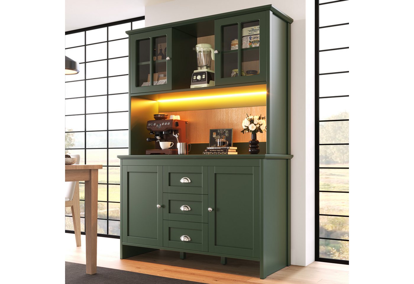 Flieks Küchenbuffet mit LED-Beleuchtung, Schubladen und Glastüren in Retro-Stil (1-St., B120/T40/H179 cm) Hochschrank Küchenschrank Geschirrschrank mit verstell – Bild 4 von 5