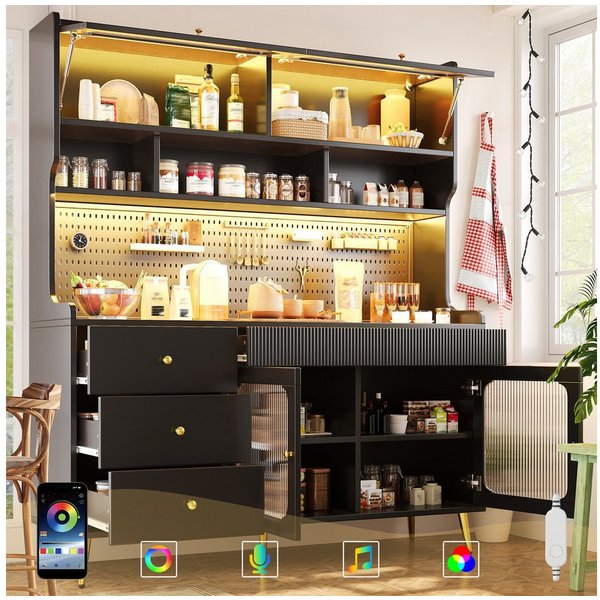 Flieks Küchenbuffet mit LED-Beleuchtung, Lochwand, Glastüren und 5 Schubladen (1-St., 145x39x171 cm) Hochschrank Küchenschrank Geschirrschrank mit Arbeitsplatte