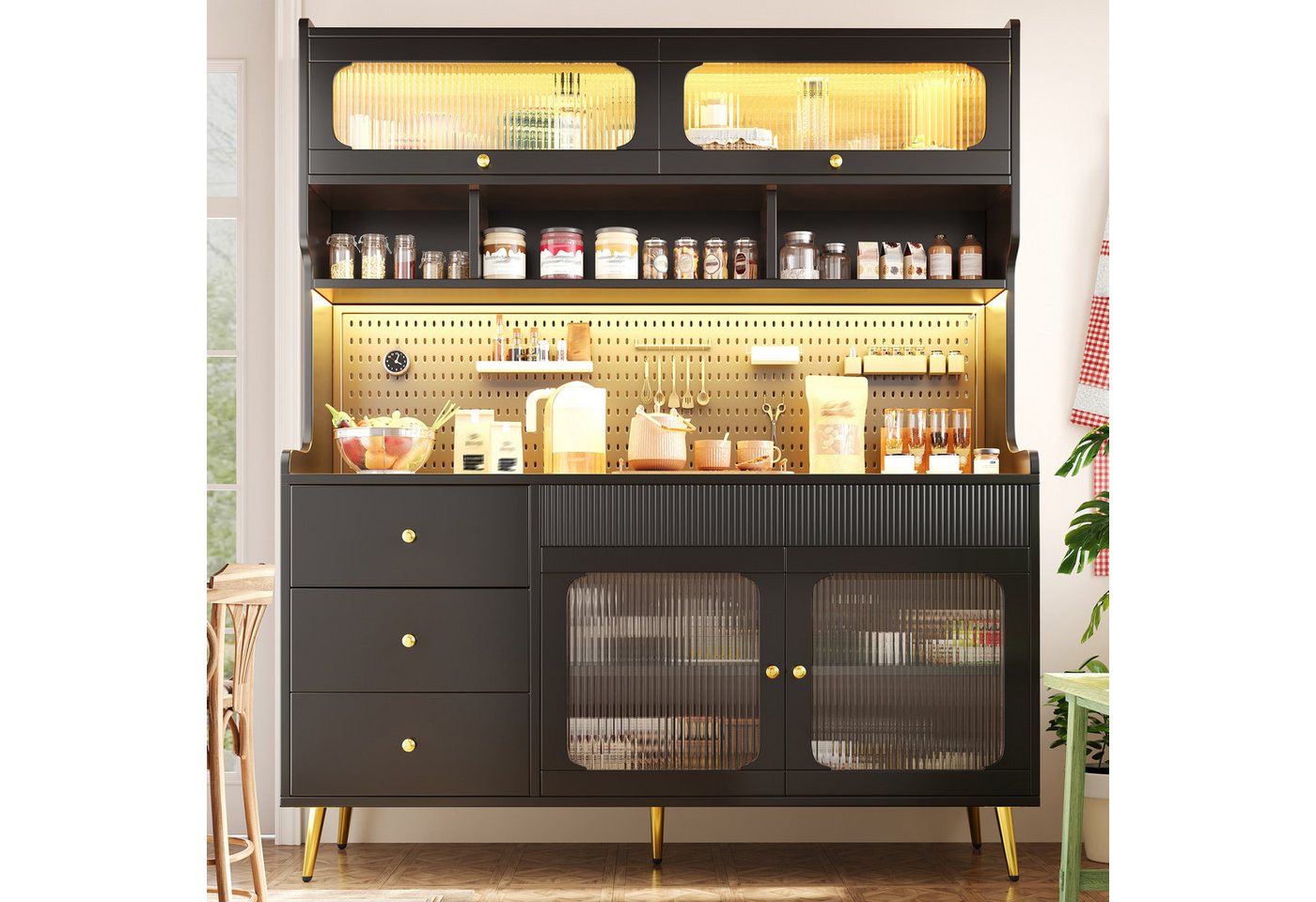 Flieks Küchenbuffet mit LED-Beleuchtung, Lochwand, Glastüren und 5 Schubladen (1-St., 145x39x171 cm) Hochschrank Küchenschrank Geschirrschrank mit Arbeitsplatte – Bild 2 von 5
