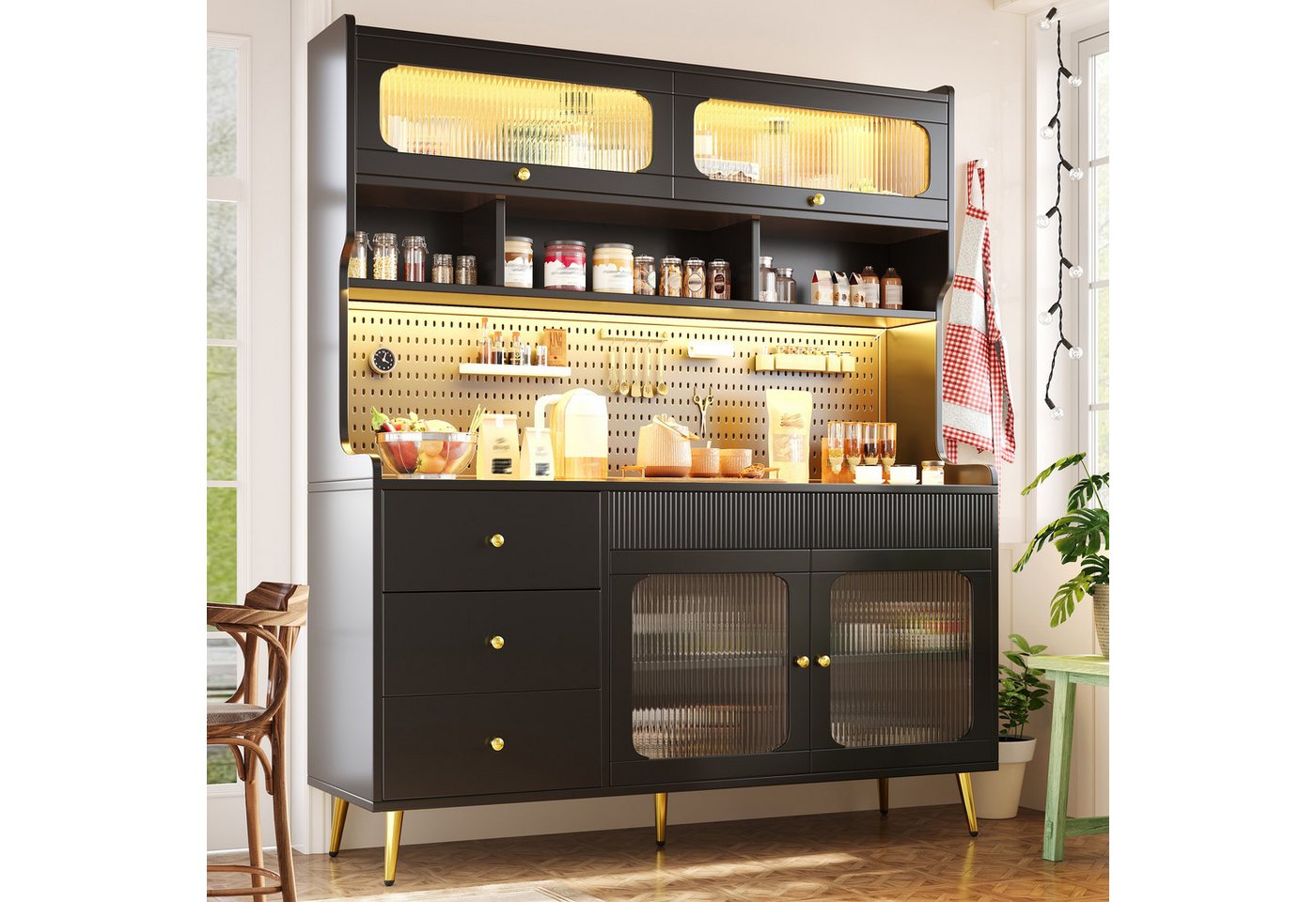 Flieks Küchenbuffet mit LED-Beleuchtung, Lochwand, Glastüren und 5 Schubladen (1-St., 145x39x171 cm) Hochschrank Küchenschrank Geschirrschrank mit Arbeitsplatte – Bild 3 von 5