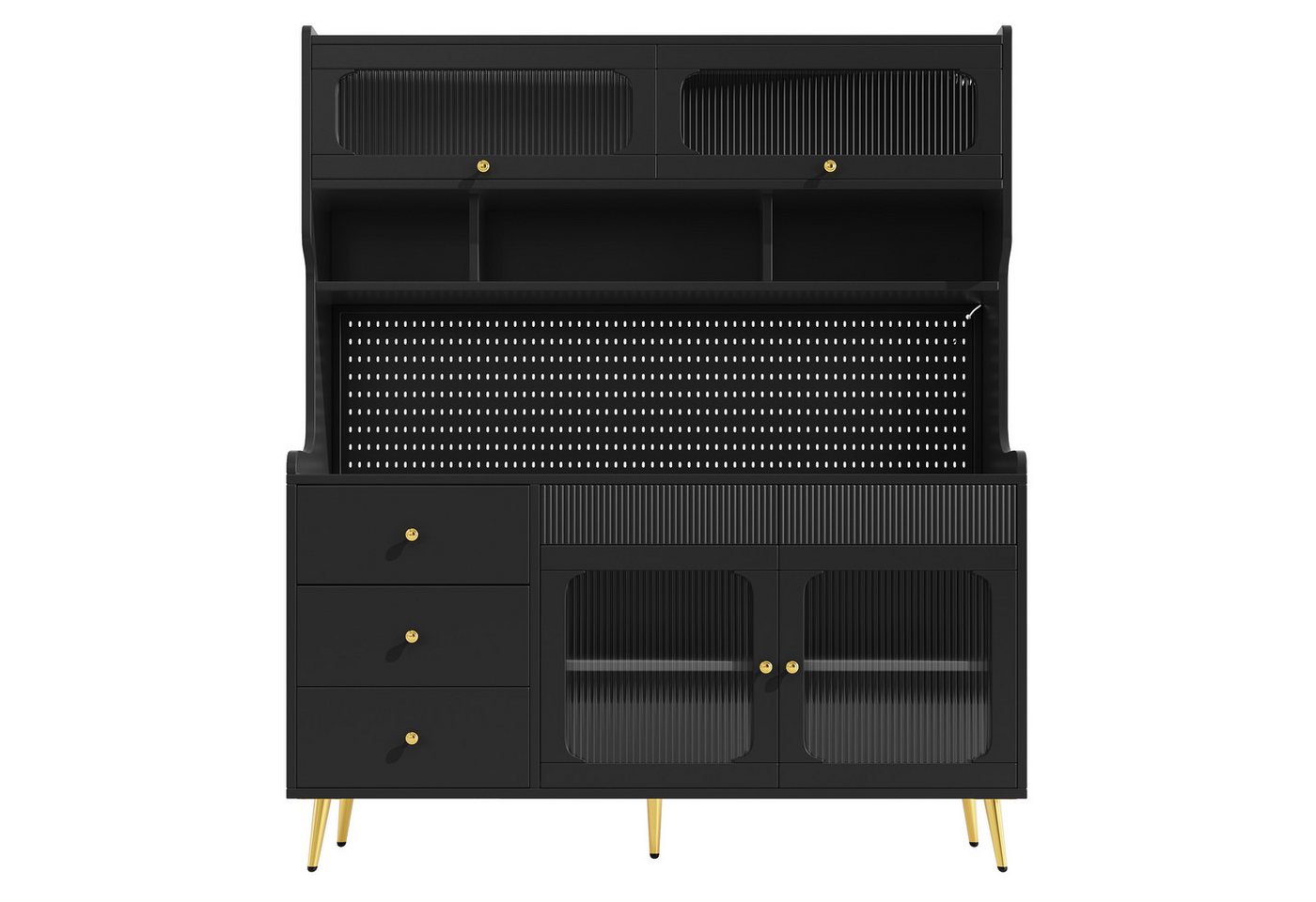 Flieks Küchenbuffet mit LED-Beleuchtung, Lochwand, Glastüren und 5 Schubladen (1-St., 145x39x171 cm) Hochschrank Küchenschrank Geschirrschrank mit Arbeitsplatte – Bild 4 von 5