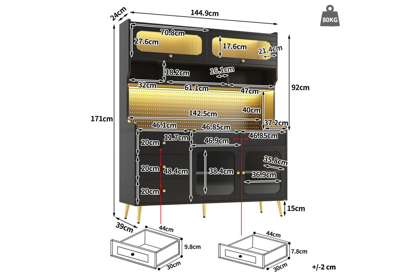 Flieks Küchenbuffet mit LED-Beleuchtung, Lochwand, Glastüren und 5 Schubladen (1-St., 145x39x171 cm) Hochschrank Küchenschrank Geschirrschrank mit Arbeitsplatte – Bild 5 von 5