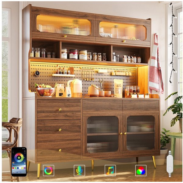 Flieks Küchenbuffet mit LED-Beleuchtung, Lochwand, Glastüren und 5 Schubladen (1-St., 145x39x171 cm) Hochschrank Küchenschrank Geschirrschrank mit Arbeitsplatte