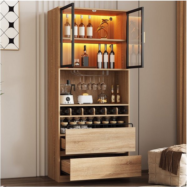Flieks Küchenbuffet mit LED-Beleuchtung, Weinregal, Gläserhalter und Gewürzregal (1-St., B80/T40/H180 cm) Hochschrank mit Glastüren und Schubladen Küchenschrank
