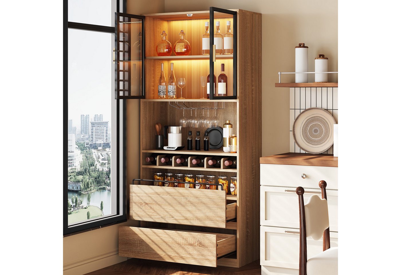 Flieks Küchenbuffet mit LED-Beleuchtung, Weinregal, Gläserhalter und Gewürzregal (1-St., B80/T40/H180 cm) Hochschrank mit Glastüren und Schubladen Küchenschrank – Bild 3 von 5