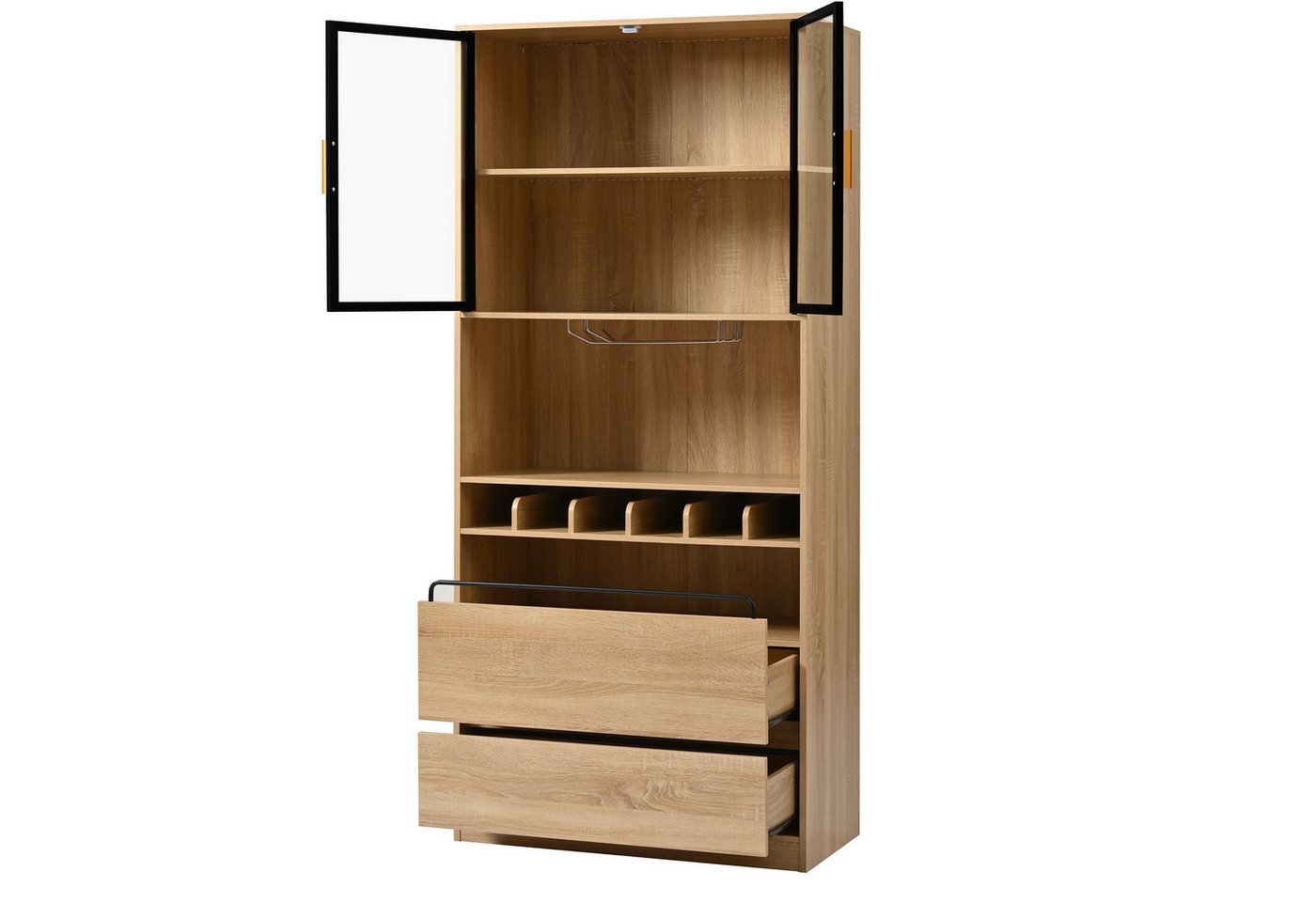 Flieks Küchenbuffet mit LED-Beleuchtung, Weinregal, Gläserhalter und Gewürzregal (1-St., B80/T40/H180 cm) Hochschrank mit Glastüren und Schubladen Küchenschrank – Bild 4 von 5