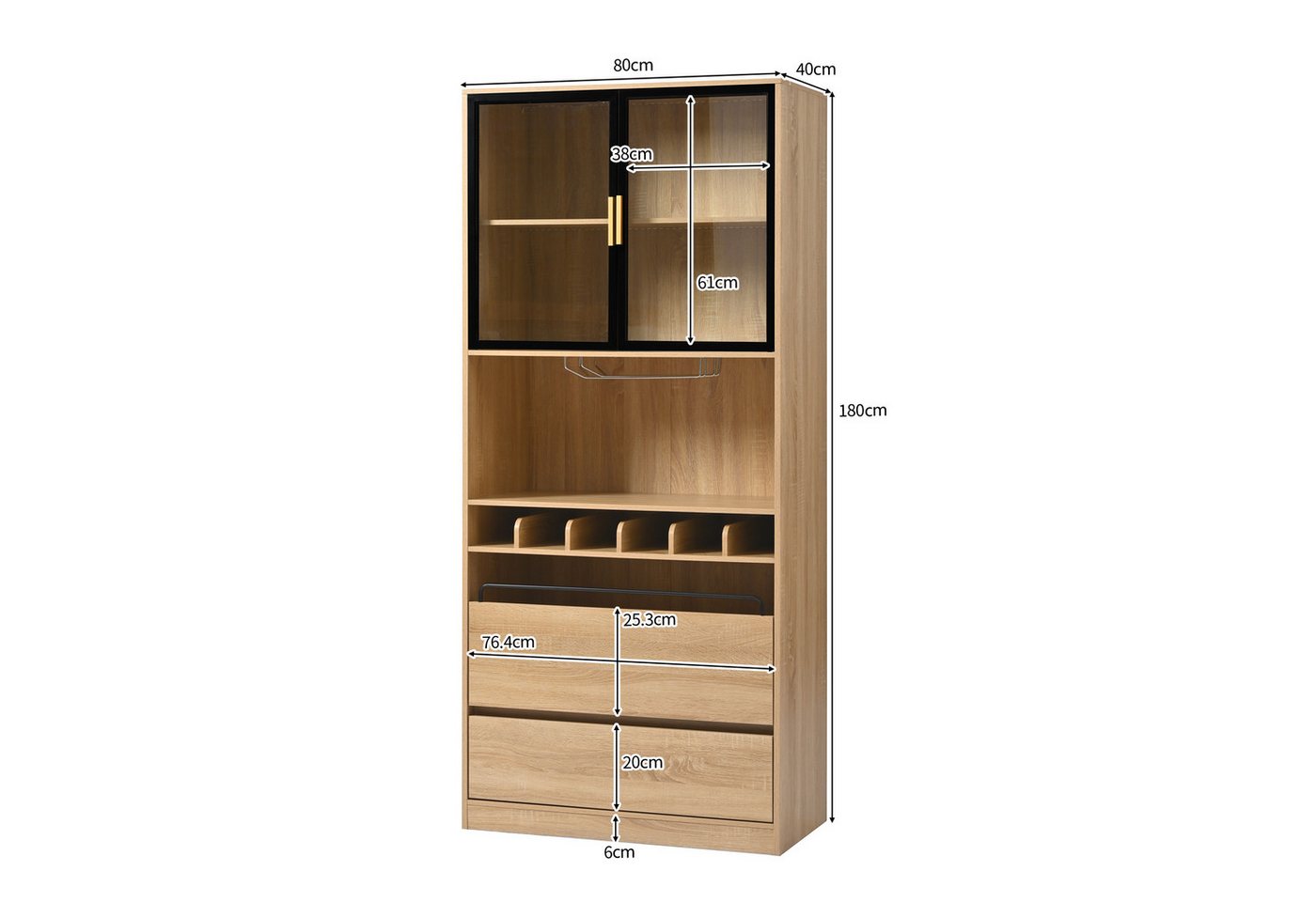 Flieks Küchenbuffet mit LED-Beleuchtung, Weinregal, Gläserhalter und Gewürzregal (1-St., B80/T40/H180 cm) Hochschrank mit Glastüren und Schubladen Küchenschrank – Bild 5 von 5