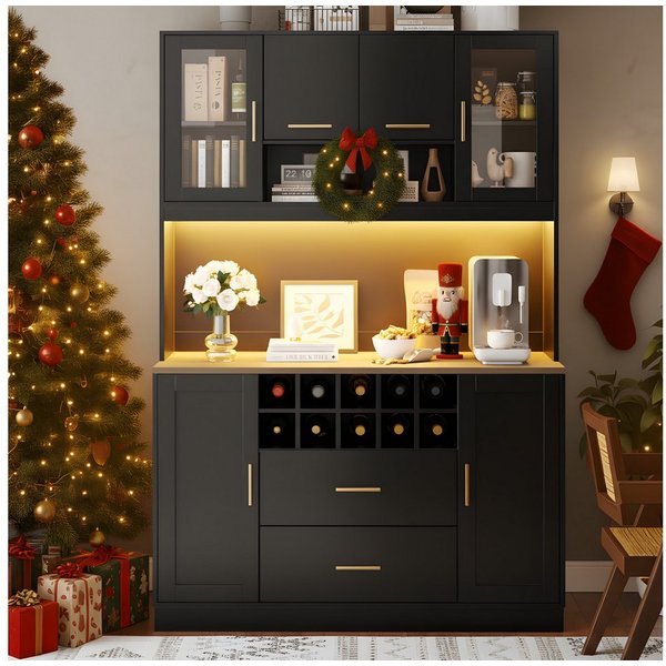 Flieks Küchenbuffet mit LED-Beleuchtung, Steckdose, Weinregal, 2 Schubladen und Glastüren (1-St., 120x36,3x180 cm) Hochschrank Küchenschrank Geschirrschrank mit