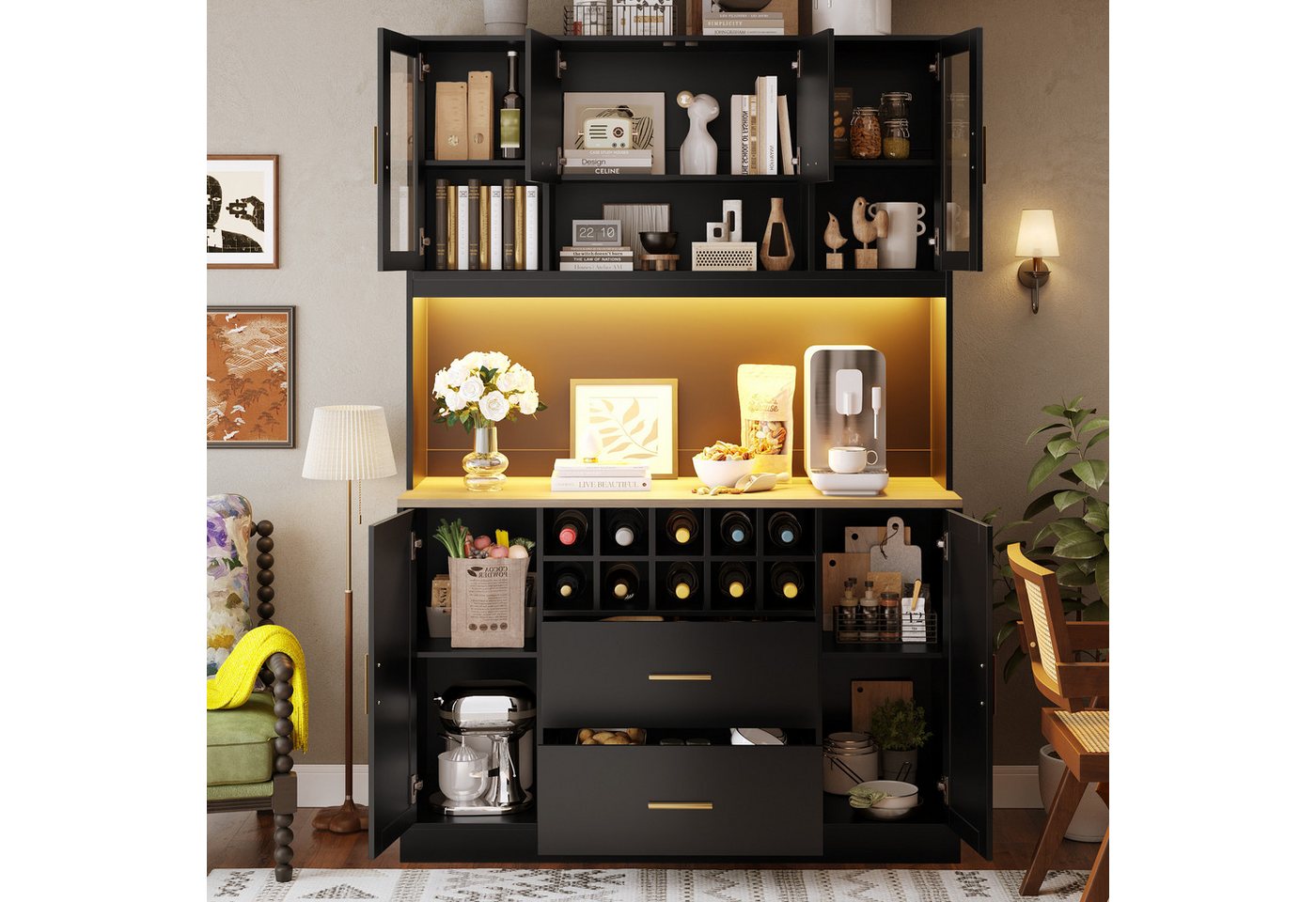 Flieks Küchenbuffet mit LED-Beleuchtung, Steckdose, Weinregal, 2 Schubladen und Glastüren (1-St., 120x36,3x180 cm) Hochschrank Küchenschrank Geschirrschrank mit – Bild 2 von 5