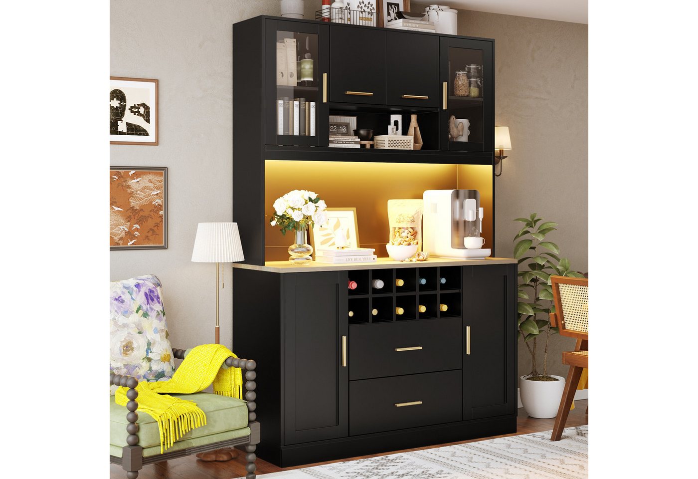 Flieks Küchenbuffet mit LED-Beleuchtung, Steckdose, Weinregal, 2 Schubladen und Glastüren (1-St., 120x36,3x180 cm) Hochschrank Küchenschrank Geschirrschrank mit – Bild 3 von 5
