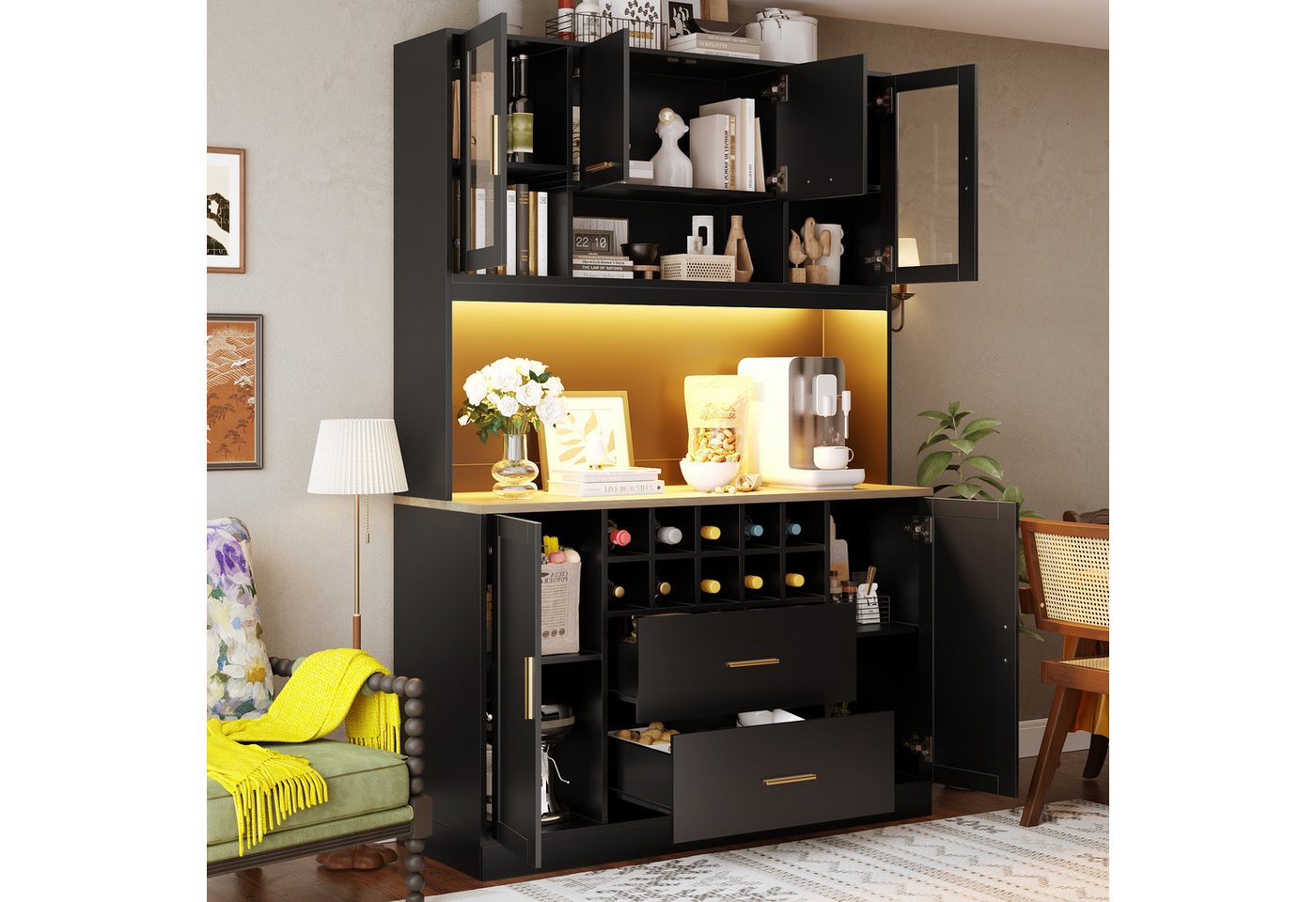 Flieks Küchenbuffet mit LED-Beleuchtung, Steckdose, Weinregal, 2 Schubladen und Glastüren (1-St., 120x36,3x180 cm) Hochschrank Küchenschrank Geschirrschrank mit – Bild 4 von 5