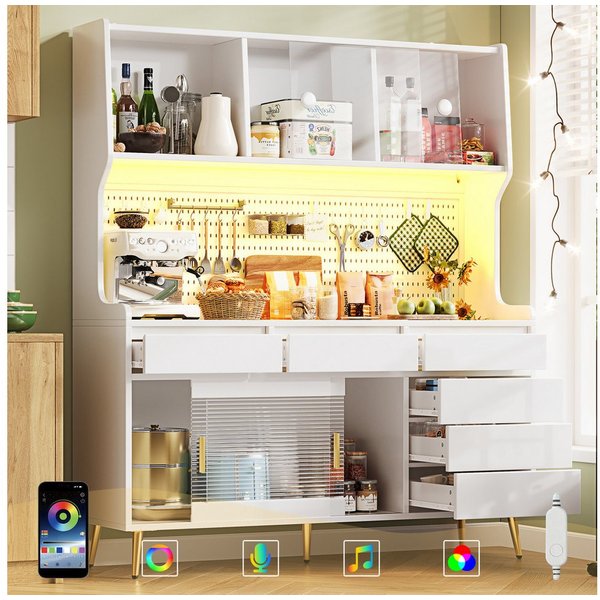 Flieks Küchenbuffet mit LED-Beleuchtung, Lochwand, Glasschiebetüren und 6 Schubladen (1-St., 145x39x171 cm) Hochschrank Küchenschrank Geschirrschrank mit Arbeit