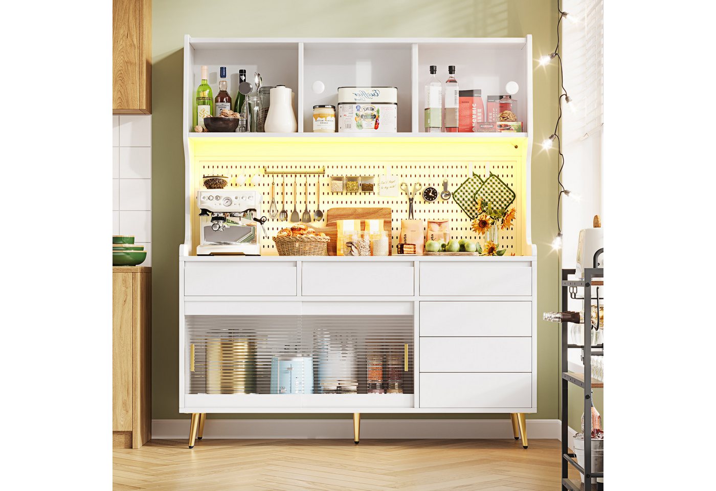 Flieks Küchenbuffet mit LED-Beleuchtung, Lochwand, Glasschiebetüren und 6 Schubladen (1-St., 145x39x171 cm) Hochschrank Küchenschrank Geschirrschrank mit Arbeit – Bild 2 von 5
