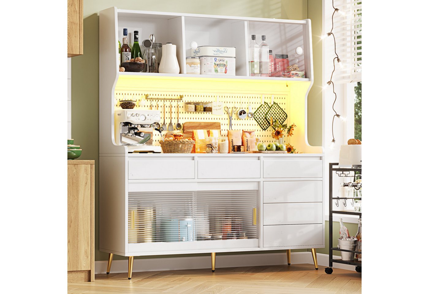 Flieks Küchenbuffet mit LED-Beleuchtung, Lochwand, Glasschiebetüren und 6 Schubladen (1-St., 145x39x171 cm) Hochschrank Küchenschrank Geschirrschrank mit Arbeit – Bild 3 von 5