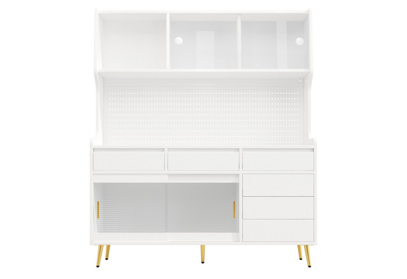 Flieks Küchenbuffet mit LED-Beleuchtung, Lochwand, Glasschiebetüren und 6 Schubladen (1-St., 145x39x171 cm) Hochschrank Küchenschrank Geschirrschrank mit Arbeit – Bild 4 von 5