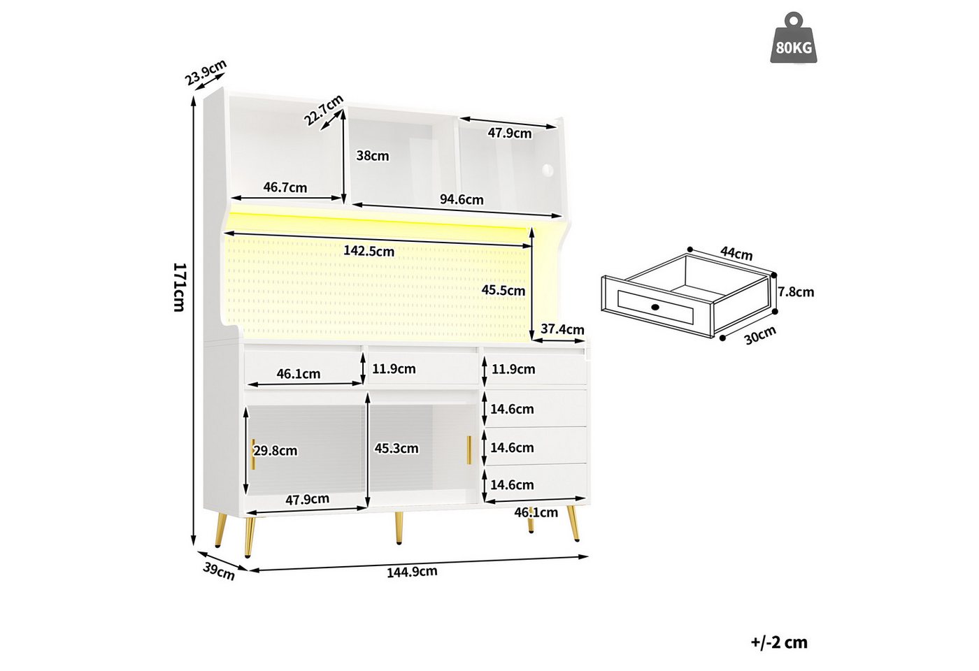 Flieks Küchenbuffet mit LED-Beleuchtung, Lochwand, Glasschiebetüren und 6 Schubladen (1-St., 145x39x171 cm) Hochschrank Küchenschrank Geschirrschrank mit Arbeit – Bild 5 von 5
