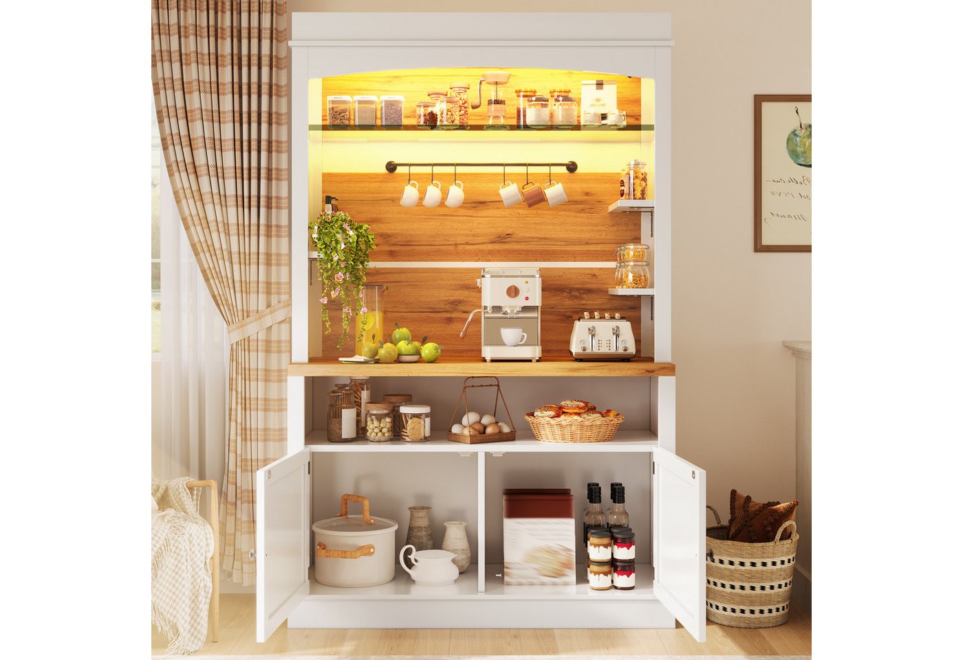 Flieks Küchenbuffet mit LED-Beleuchtung, Gläserhalter und Ablagen (1-St., 107x43x184 cm) Hochschrank Küchenschrank Buffetschrank mit Stauraum Weiß – Bild 2 von 5