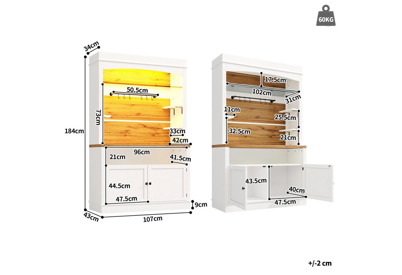 Flieks Küchenbuffet mit LED-Beleuchtung, Gläserhalter und Ablagen (1-St., 107x43x184 cm) Hochschrank Küchenschrank Buffetschrank mit Stauraum Weiß – Bild 4 von 5