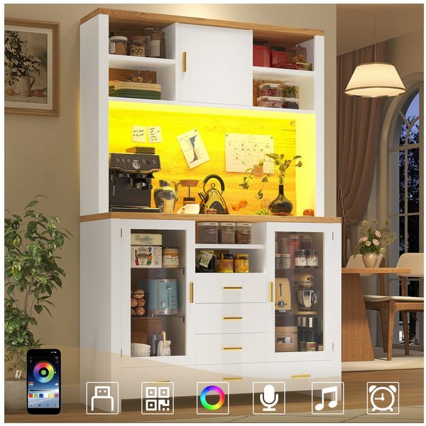 Flieks Küchenbuffet mit LED-Beleuchtung, Glaseinlegeböden, Glastüren und Schubladen (1-St., B120/T40/H188 cm) Hochschrank Küchenschrank Geschirrschrank mit Arbe