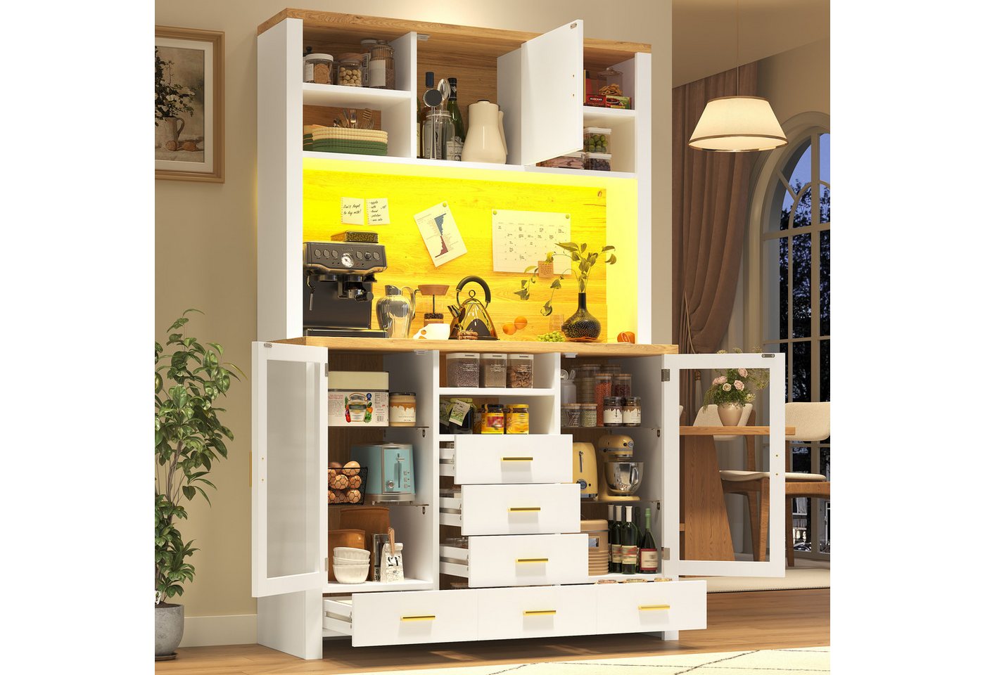 Flieks Küchenbuffet mit LED-Beleuchtung, Glaseinlegeböden, Glastüren und Schubladen (1-St., B120/T40/H188 cm) Hochschrank Küchenschrank Geschirrschrank mit Arbe – Bild 2 von 5