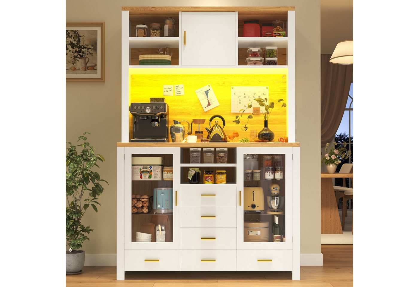 Flieks Küchenbuffet mit LED-Beleuchtung, Glaseinlegeböden, Glastüren und Schubladen (1-St., B120/T40/H188 cm) Hochschrank Küchenschrank Geschirrschrank mit Arbe – Bild 3 von 5