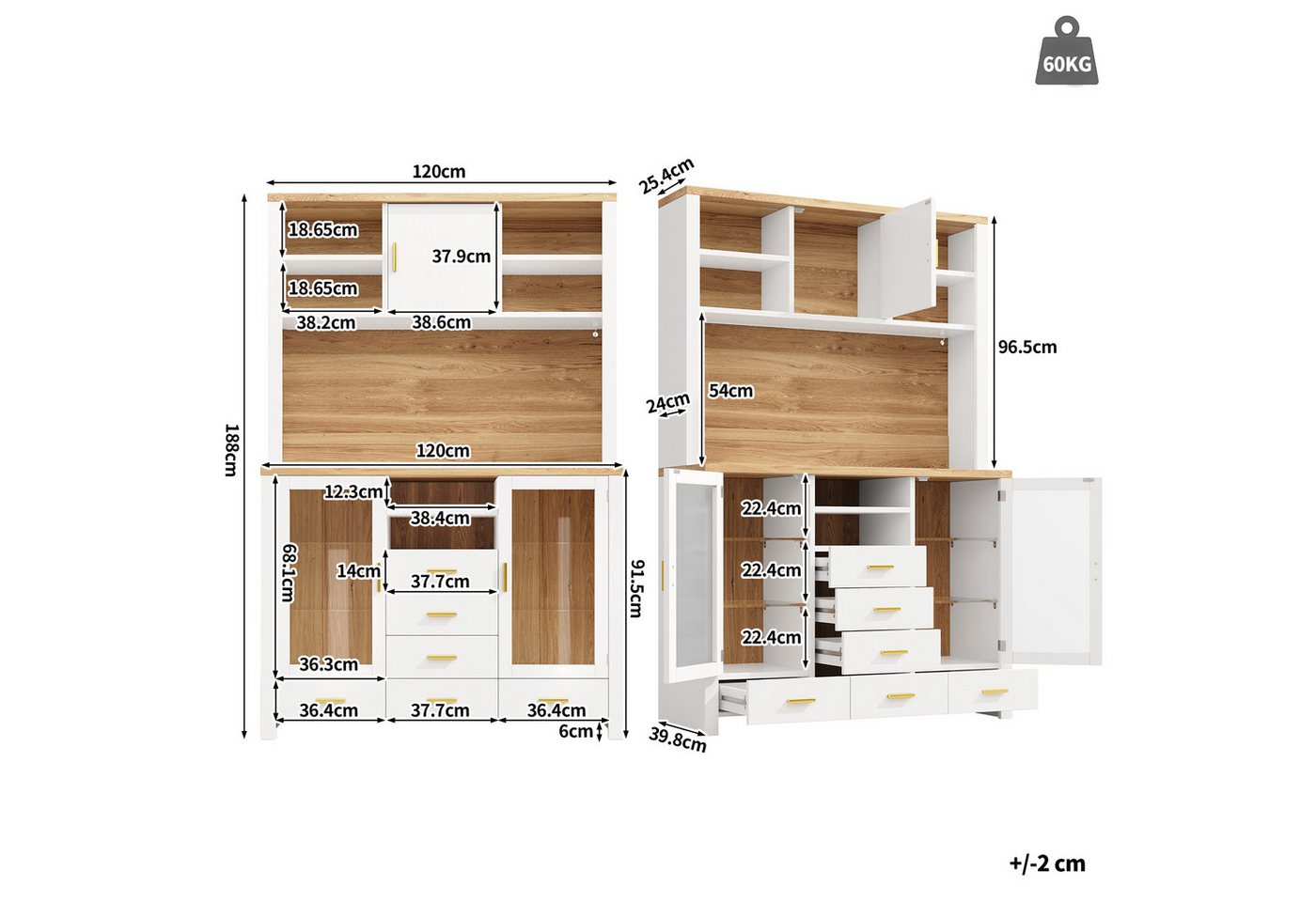 Flieks Küchenbuffet mit LED-Beleuchtung, Glaseinlegeböden, Glastüren und Schubladen (1-St., B120/T40/H188 cm) Hochschrank Küchenschrank Geschirrschrank mit Arbe – Bild 5 von 5