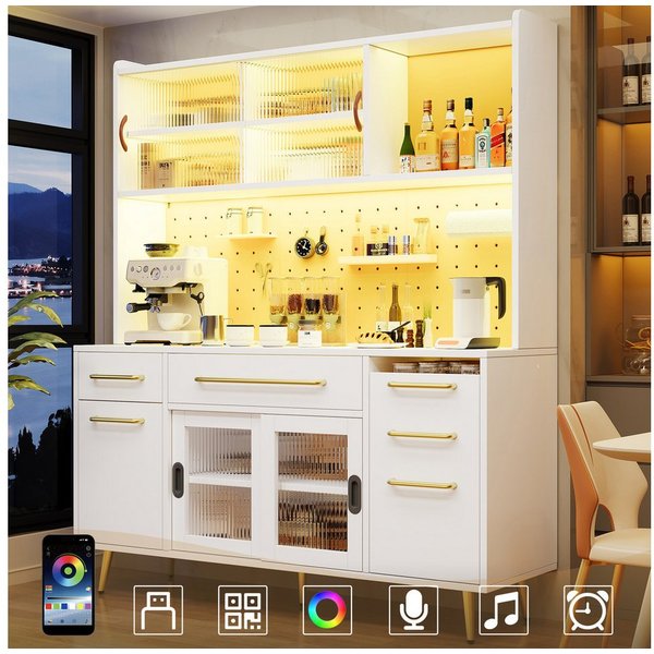 Flieks Küchenbuffet mit LED-Beleuchtung, Lochwandregalen, Glasschiebetüren und Schubladen (1-St) Hochschrank Küchenschrank Geschirrschrank mit verstellbarer Abl