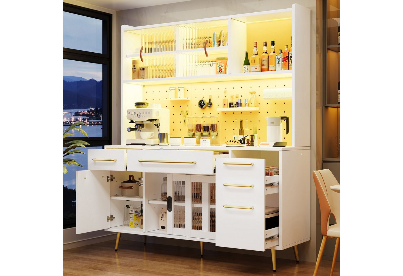 Flieks Küchenbuffet mit LED-Beleuchtung, Lochwandregalen, Glasschiebetüren und Schubladen (1-St) Hochschrank Küchenschrank Geschirrschrank mit verstellbarer Abl – Bild 2 von 5