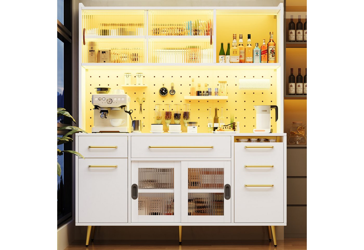 Flieks Küchenbuffet mit LED-Beleuchtung, Lochwandregalen, Glasschiebetüren und Schubladen (1-St) Hochschrank Küchenschrank Geschirrschrank mit verstellbarer Abl – Bild 3 von 5