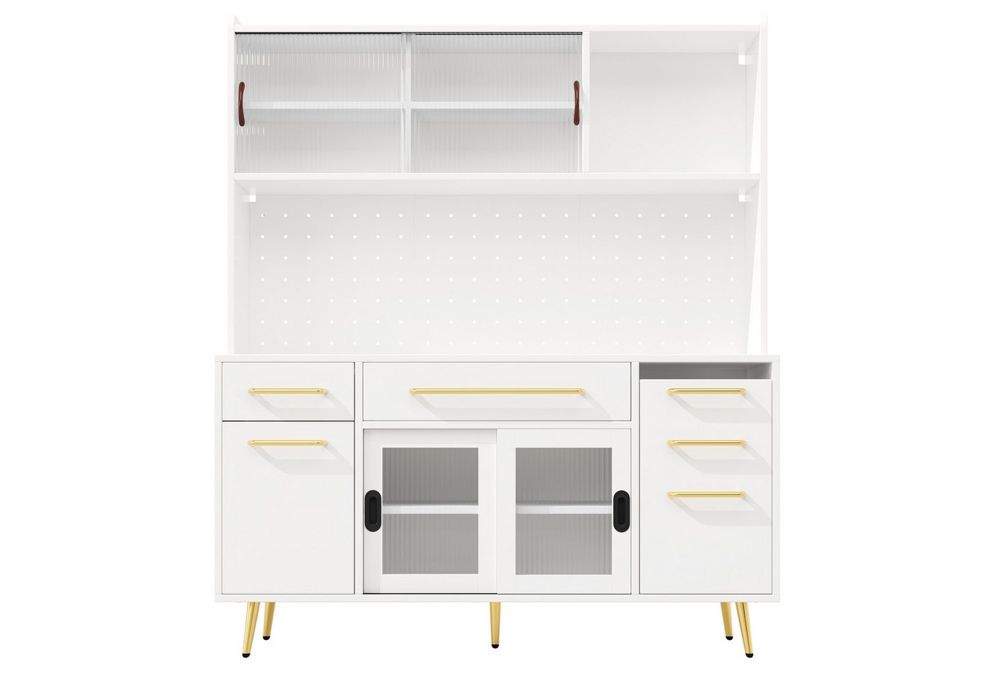 Flieks Küchenbuffet mit LED-Beleuchtung, Lochwandregalen, Glasschiebetüren und Schubladen (1-St) Hochschrank Küchenschrank Geschirrschrank mit verstellbarer Abl – Bild 4 von 5