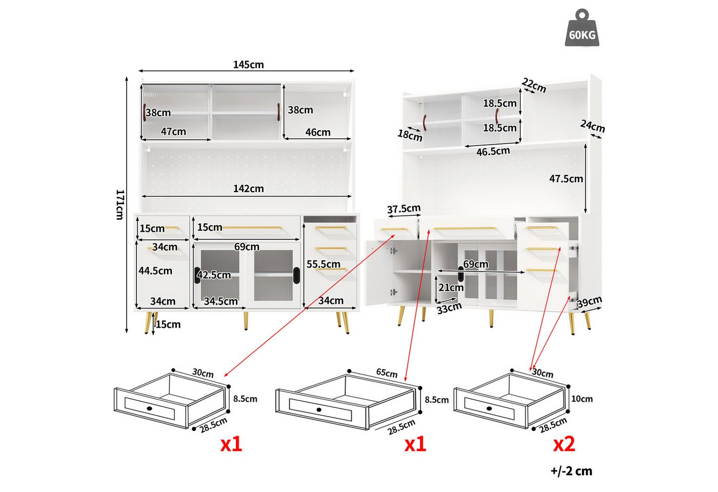 Flieks Küchenbuffet mit LED-Beleuchtung, Lochwandregalen, Glasschiebetüren und Schubladen (1-St) Hochschrank Küchenschrank Geschirrschrank mit verstellbarer Abl – Bild 5 von 5