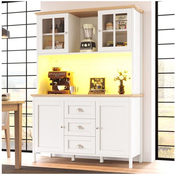 Flieks Küchenbuffet mit LED-Beleuchtung, Schubladen und Glastüren in Retro-Stil (1-St., B120/T40/H179 cm) Hochschrank Küchenschrank Geschirrschrank mit verstell