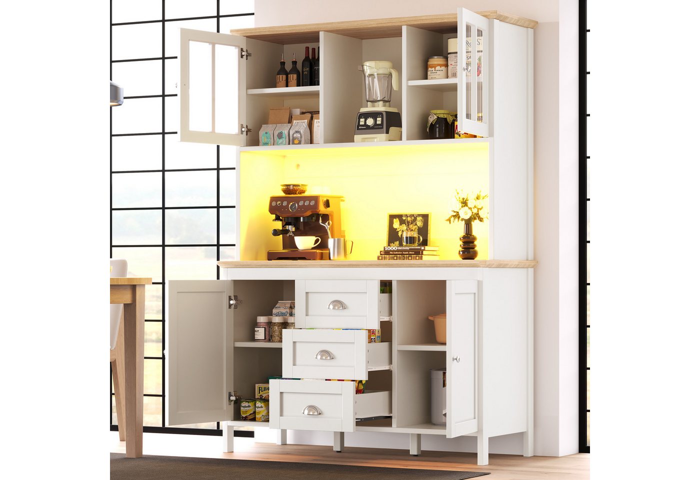 Flieks Küchenbuffet mit LED-Beleuchtung, Schubladen und Glastüren in Retro-Stil (1-St., B120/T40/H179 cm) Hochschrank Küchenschrank Geschirrschrank mit verstell – Bild 2 von 5