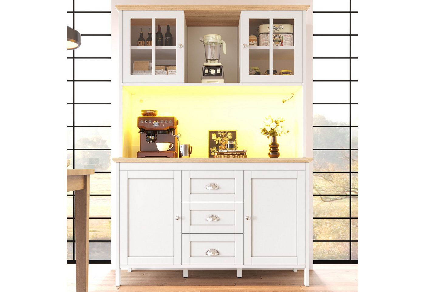 Flieks Küchenbuffet mit LED-Beleuchtung, Schubladen und Glastüren in Retro-Stil (1-St., B120/T40/H179 cm) Hochschrank Küchenschrank Geschirrschrank mit verstell – Bild 3 von 5