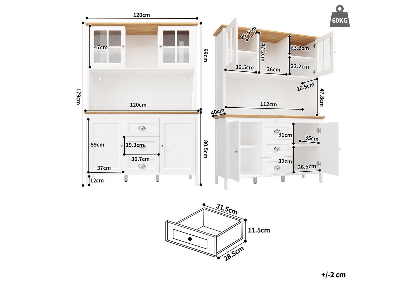 Flieks Küchenbuffet mit LED-Beleuchtung, Schubladen und Glastüren in Retro-Stil (1-St., B120/T40/H179 cm) Hochschrank Küchenschrank Geschirrschrank mit verstell – Bild 5 von 5