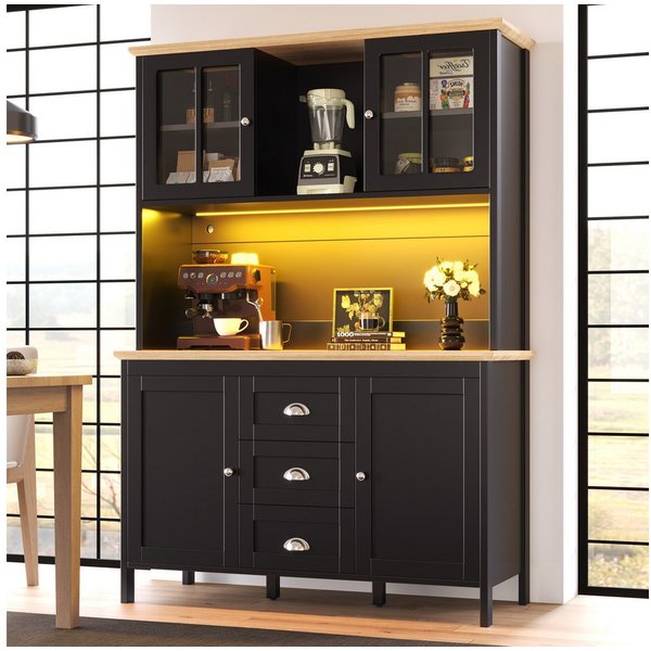 Flieks Küchenbuffet mit LED-Beleuchtung, Schubladen und Glastüren in Retro-Stil (1-St., B120/T40/H179 cm) Hochschrank Küchenschrank Geschirrschrank mit verstell