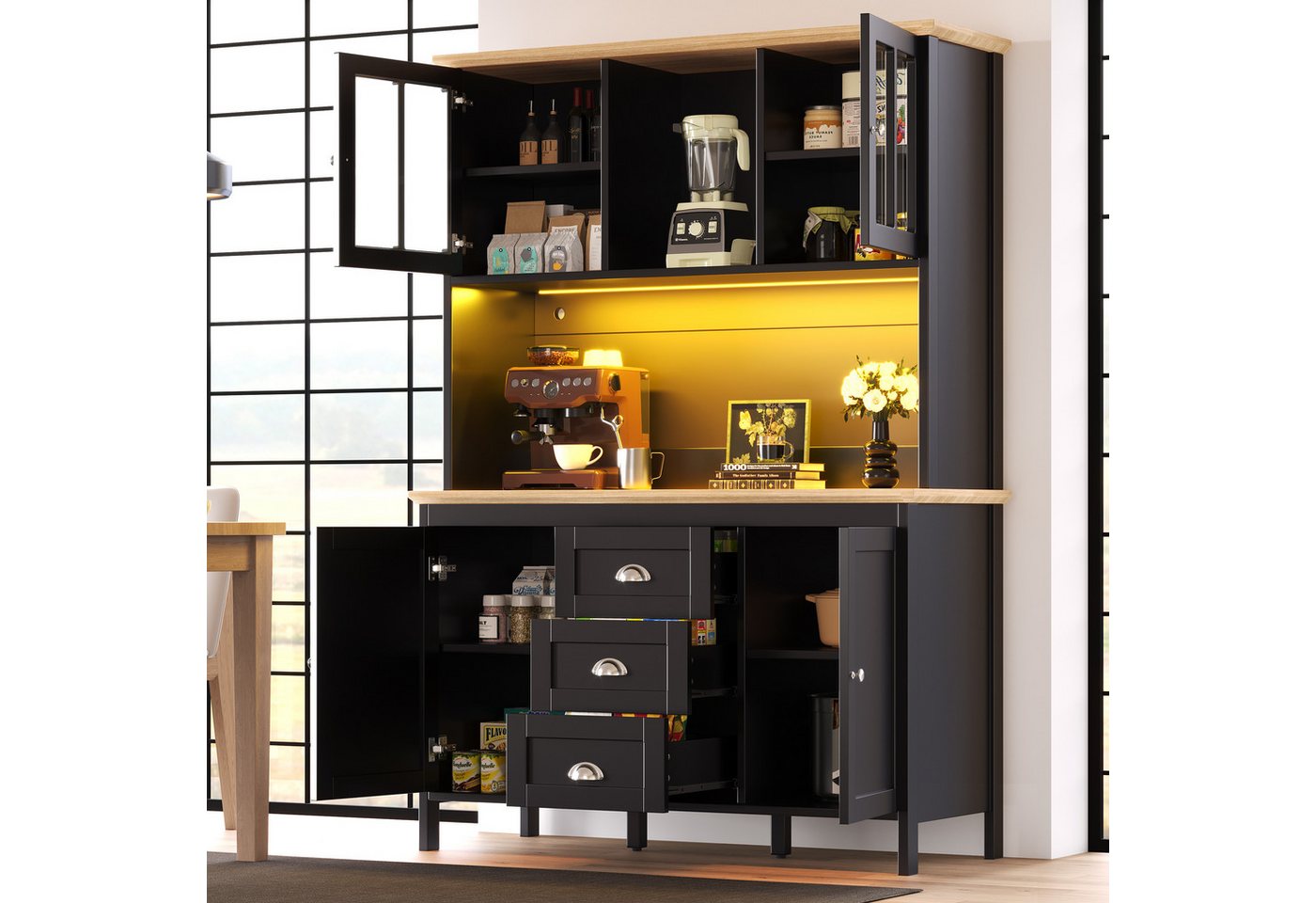 Flieks Küchenbuffet mit LED-Beleuchtung, Schubladen und Glastüren in Retro-Stil (1-St., B120/T40/H179 cm) Hochschrank Küchenschrank Geschirrschrank mit verstell – Bild 2 von 5