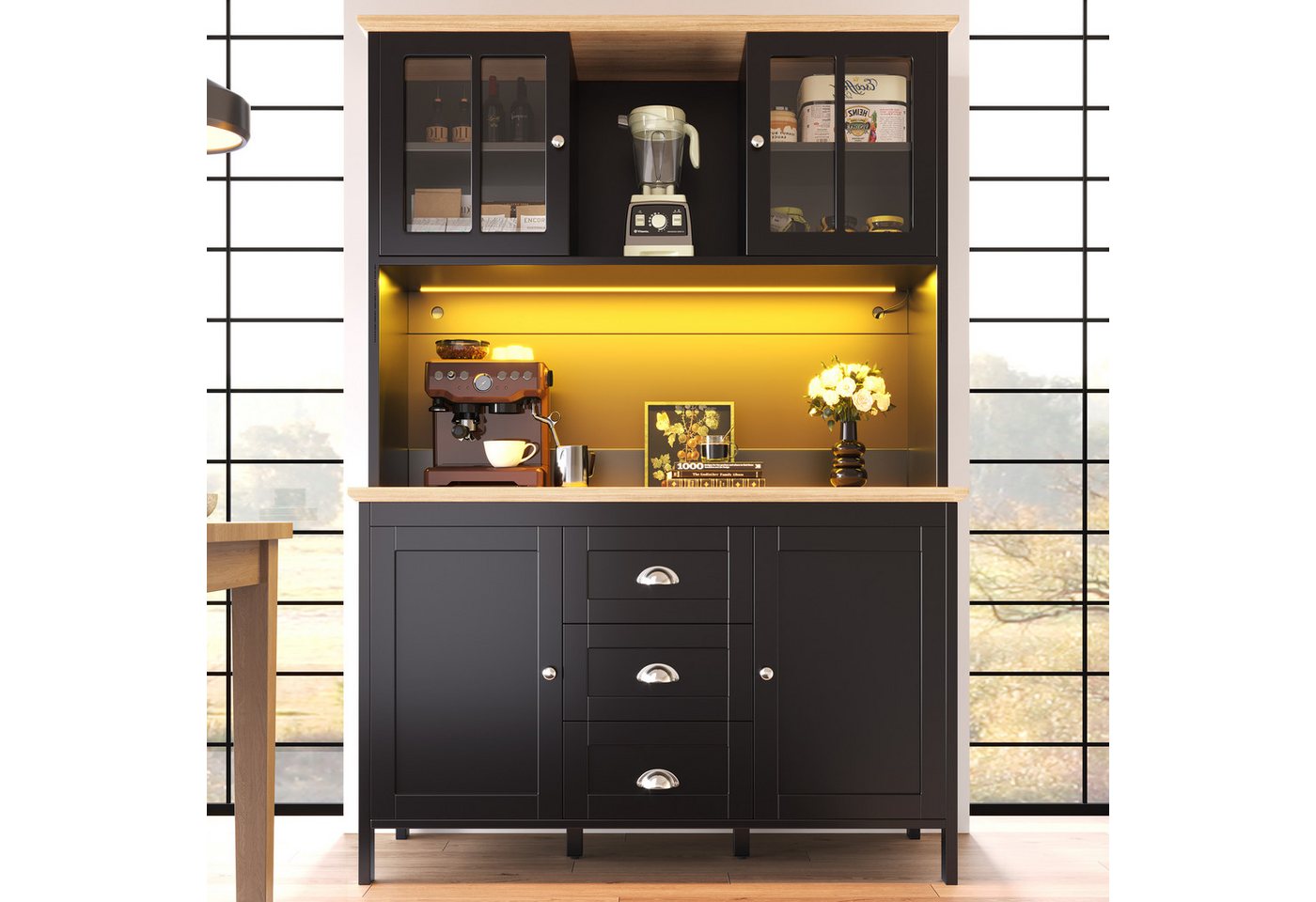 Flieks Küchenbuffet mit LED-Beleuchtung, Schubladen und Glastüren in Retro-Stil (1-St., B120/T40/H179 cm) Hochschrank Küchenschrank Geschirrschrank mit verstell – Bild 3 von 5