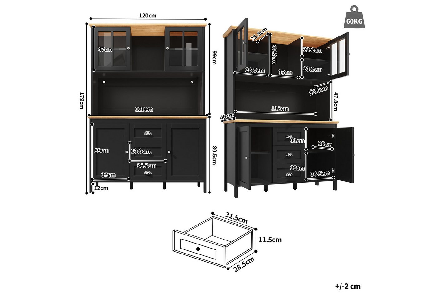 Flieks Küchenbuffet mit LED-Beleuchtung, Schubladen und Glastüren in Retro-Stil (1-St., B120/T40/H179 cm) Hochschrank Küchenschrank Geschirrschrank mit verstell – Bild 5 von 5