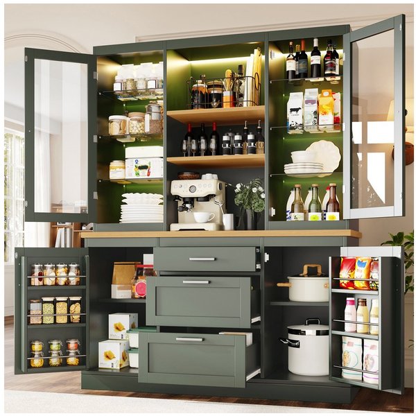 Flieks Küchenbuffet mit LED-Beleuchtung, verstellbarer Glaseinlegeböden und Arbeitsplatte (1-St., B140/T40/H185 cm) Hochschrank Küchenschrank Glasvitrine in Lan