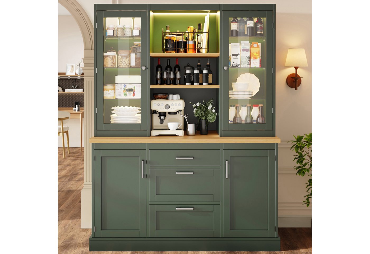 Flieks Küchenbuffet mit LED-Beleuchtung, verstellbarer Glaseinlegeböden und Arbeitsplatte (1-St., B140/T40/H185 cm) Hochschrank Küchenschrank Glasvitrine in Lan – Bild 2 von 5