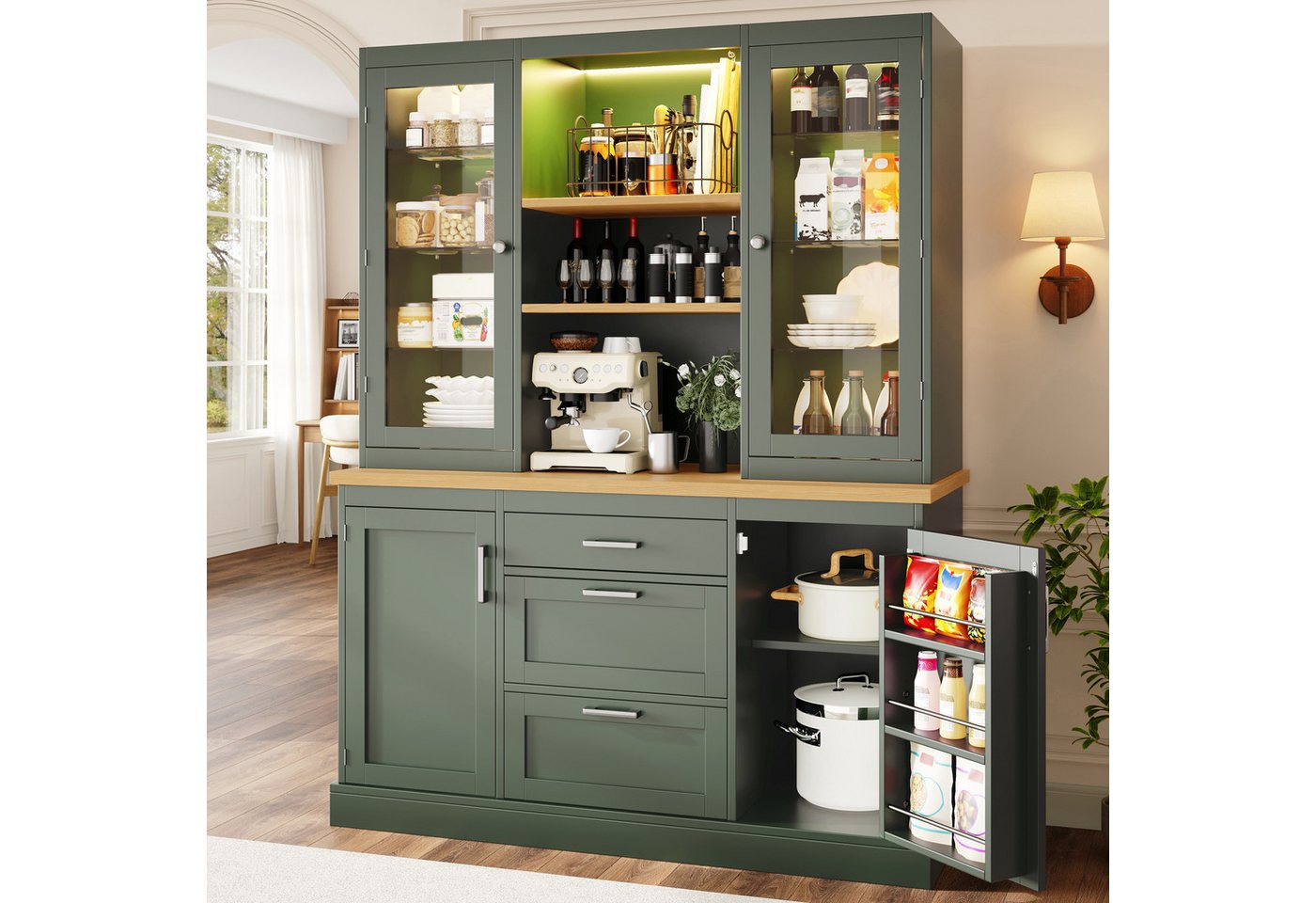 Flieks Küchenbuffet mit LED-Beleuchtung, verstellbarer Glaseinlegeböden und Arbeitsplatte (1-St., B140/T40/H185 cm) Hochschrank Küchenschrank Glasvitrine in Lan – Bild 3 von 5
