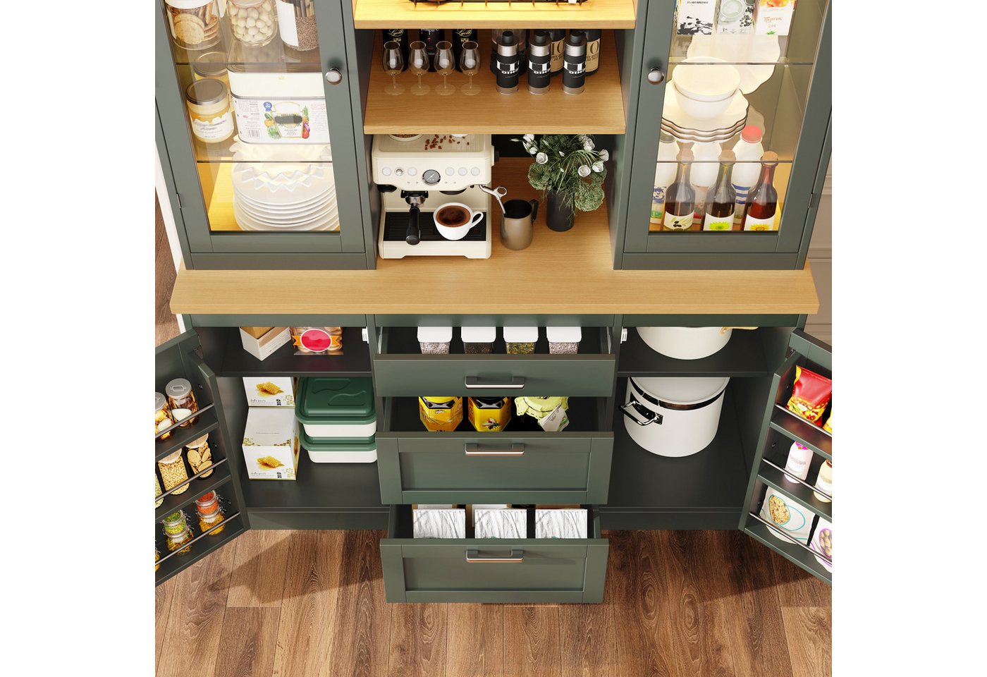 Flieks Küchenbuffet mit LED-Beleuchtung, verstellbarer Glaseinlegeböden und Arbeitsplatte (1-St., B140/T40/H185 cm) Hochschrank Küchenschrank Glasvitrine in Lan – Bild 4 von 5